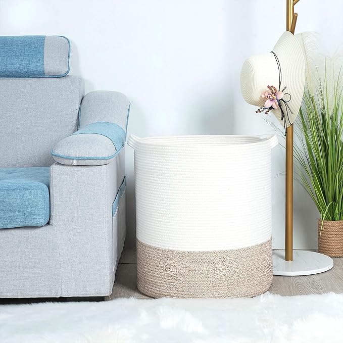 MINTWOOD Design 83L Extra Large 20x18 Inches Decorative Woven Cotton Rope Basket, Tall Laundry Basket Hamper, Blanket Basket for Living Room, Round Storage Baskets for Pillows, Towels, Light Brown