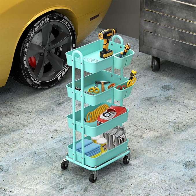 Simple Houseware 4-Tier Multifunctional Rolling Utility Cart with Hanging Buckets, Turquoise