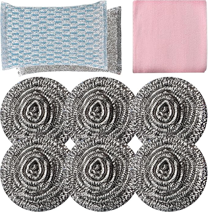 6pcs Stainless Steel Scrubber 2pcs Heavy Duty Scrub Sponges 1pcs Dish Clean Towel for Kitchens Bathroom and More