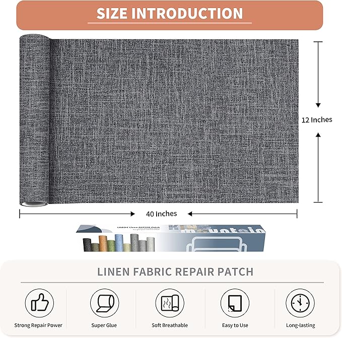 KING MOUNTAIN Fine Linen Fabric Patches, Self-Adhesive, 12x40 inch, Multi Color, For Linen Sofa and Clothes Repair (Dark Grey 3.0)