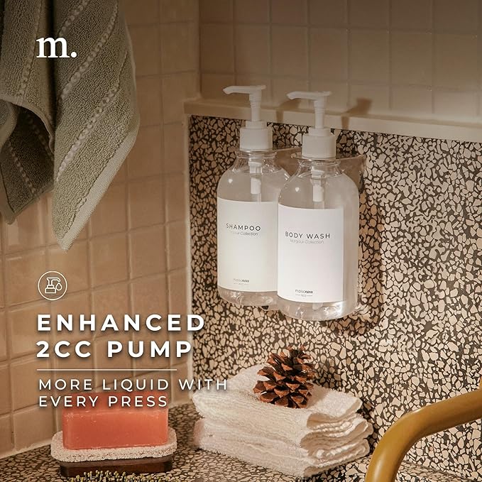 MaisoNovo Shampoo and Conditioner Dispenser - Shower Soap Dispenser Wall Mounted - 16.9 fl oz Set of 2 Clear Plastic Bottles White Pump - Shampoo Dispenser, Shower Dispenser 2 Chamber No Drill