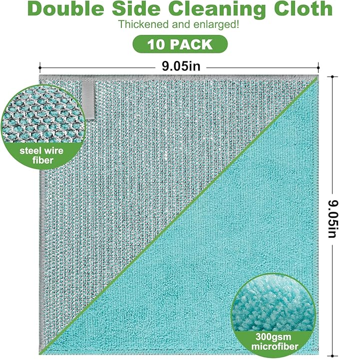 10counts Non Scratch Wire Dishcloth Multipurpose Wire Dishwashing Rag for Washing Dishes,Double Layer Microfiber Cleaning Cloth,Reusable Diamond Weave Steel Wool Scrubber Cloths,Blue