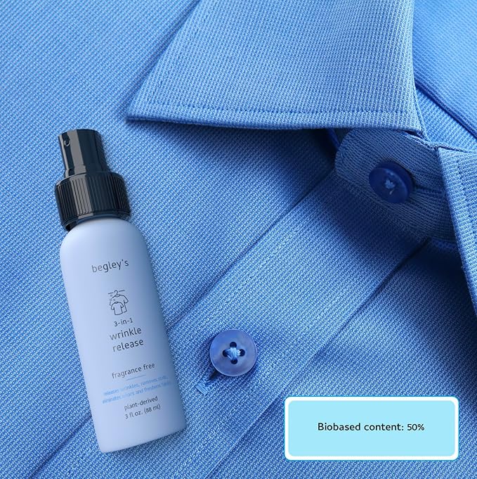 Begley's 3-in-1 Wrinkle Remover, Quick Fix Wrinkle Release, Static Cling Remover, Odor Eliminator and Fabric Refresher Spray - Plant-Derived, USDA Certified Biobased - Fragrance-Free, 3 oz Travel Size