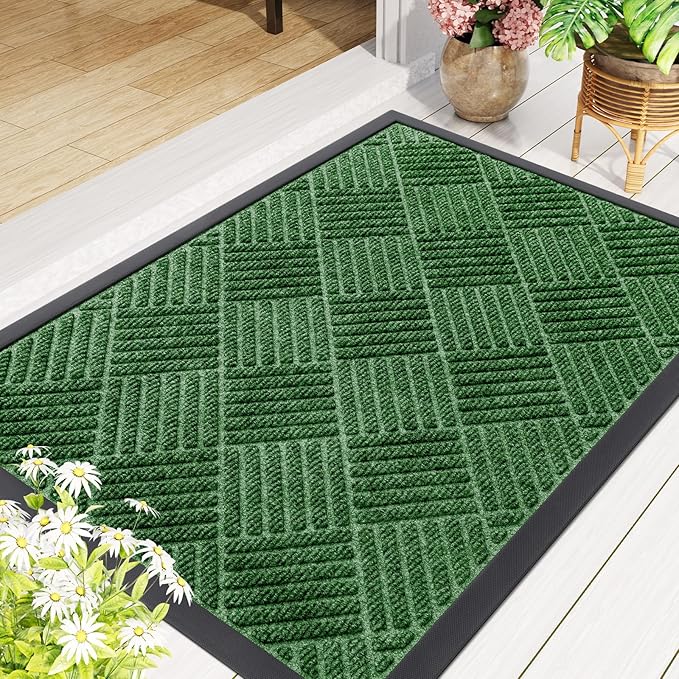 Smiry Front Door Mat Outside Entrance, Heavy Duty Outdoor Indoor Natural Rubber Doormat, Non Slip, Trap Dirt and Moisture, Easy Clean, Low Profile Patio Porch Entryway Mat, 59x23, Green