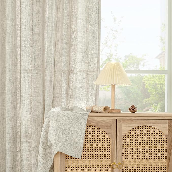 YoungsTex Linen Curtains 45 Inch Length for Kitchen Window, Cream Short Semi Sheer Drapes with Rod Pocket Back Tab Light Filtering Textured for Living Room Bedroom Bathroom, 2 Panels, 42 X 45 Inch