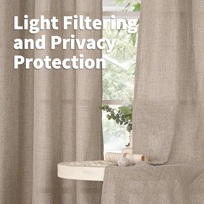 YoungsTex Dark Oatmeal Linen Curtains 48 Inch Length for Short Kitchen Window, Textured Semi Sheer Drapes Light Filtering with Rod Pocket Back Tab for Bathroom Living Room, 2 Panels, 42 X 48 Inch