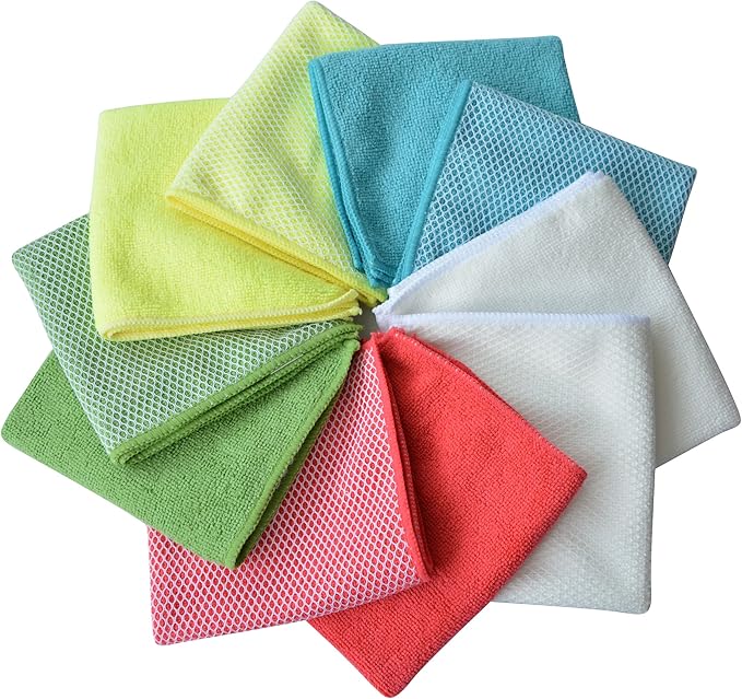 SINLAND 5 Color Assorted Microfiber Dish Cloth Best Kitchen Cloths Cleaning Cloths with Poly Scour Side 12Inchx12Inch 20 Pack (Pinkx4+bluex4+whitex4+yellowx4+greenx4)
