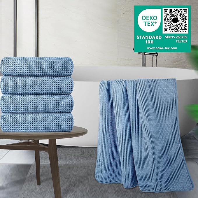 POLYTE Microfiber Oversize Quick Dry Lint Free Bath Towel, 60 x 30 in, 4 Pack (Waffle Weave)