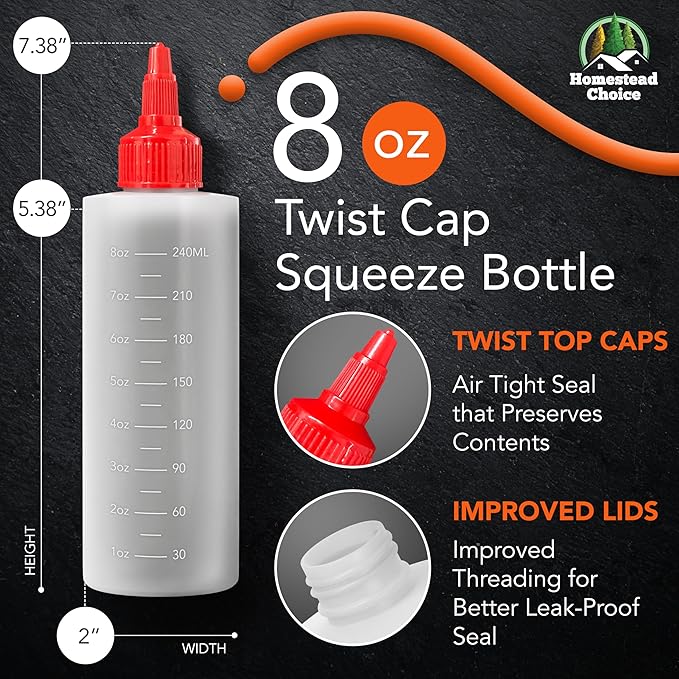6-pack Plastic Squeeze Bottles for Sauces - 8oz Condiment Squeeze Bottles for Liquids - BPA Free Squirt Bottle with Twist Cap - Ketchup, Syrup, Oil, Dressings, Honey & Arts and Crafts