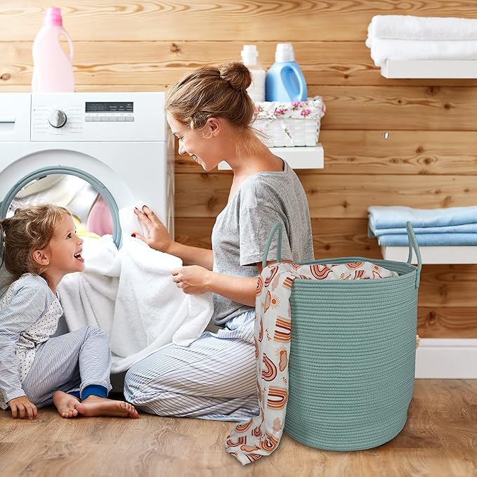 Cotton Rope Laundry Basket Hamper for Clothes Woven Storage Basket for Living Room Bedroom Boho Tall Rope Baskets for Blanket Toys Pillow Towels Baby Nursery Hamper Bin Large light green