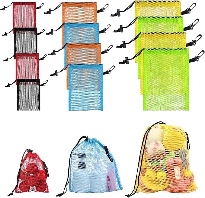 12 Pieces 6 color Mesh Bags with Clips Nylon Mesh Bag Mesh Drawstring Stuff Bag with Cord Lock for Collecting Toys Laundry Sports Gym Beach Travel