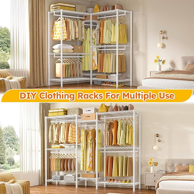 Raybee Clothes Rack,Clothing Racks for Hanging Clothes Heavy Duty,Adjustable Garment Rack with Shelves,rolling clothes rack Max Load 905LBS,75" W x 77" H x 17.8" D,White