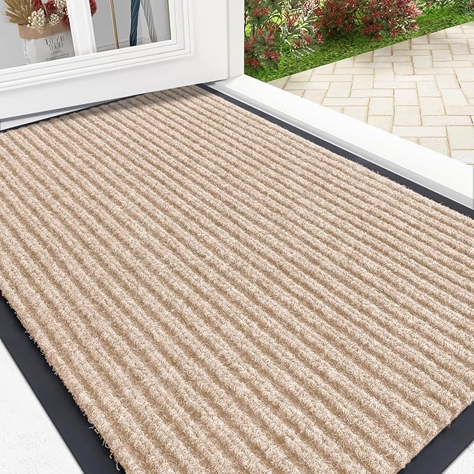 OLANLY Front Door Mat Indoor Outdoor Entrance, Waterproof Heavy Duty Doormat, Fade Resistant, Low Profile, Easy Clean Patio Porch Welcome Floor Mats for Entry, 29.5x17, Beige