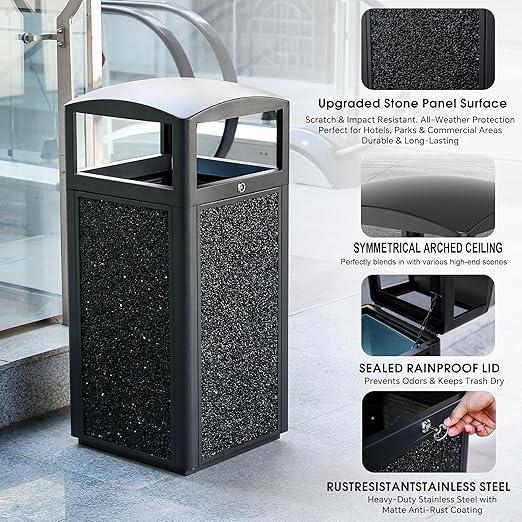 Commercial Metal Outdoor Trash Can with Lid, Lockable Outdoor Garbage Can with Nature Stone Panels, Heavy-Duty Rustproof Trash Bin with Removable Liner for Parks & Public Spaces