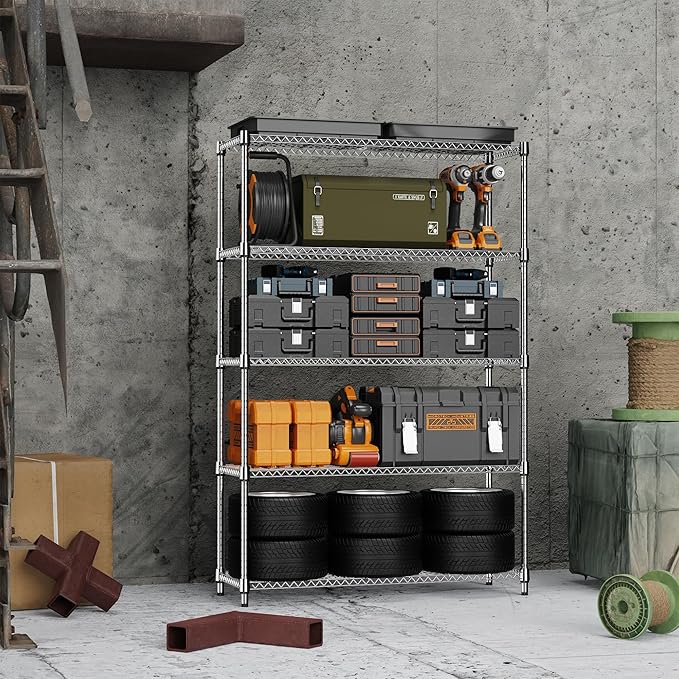 MZG 1750 lbs 5 Tier Storage Rack Metal Wire Shelving Unit, Storage Standing Household Shelf Organizer for Kitchen Pantry Closet Garage Basement Utility Room, Chrome 15.8" D x 45.3" W x 70.4" H