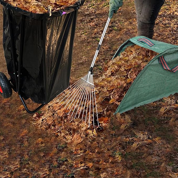 Mobile Trash Bag Holder Outdoor Lawn Leaf Bag Holder with Leaf Chute Metal Rake & 15 Count 39 Gallon Drawstring Trash Bags | Holds 35-65 Gallon Leaf Bags for Leaves Weeding Camping Party