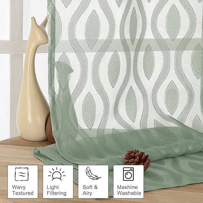 Aiyufeng Sheer Curtains 96 Inches Long for Bedroom and Living Room, 2 Panels, Farmhouse Wavy Line Light Filtering Clip Jacquard Solid, Rod Pocket, Sage Green, 40"Wx96"L