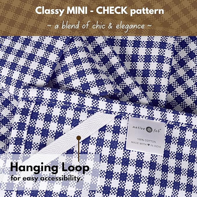 Native Fab 6 Pack Gingham Mini Check Kitchen Hand Towels Set 16"x26" - 100% Cotton Absorbent Reusable Wash Cloths - Quick Drying Dish Towels with Hanging Loops for Kitchen, Blue White
