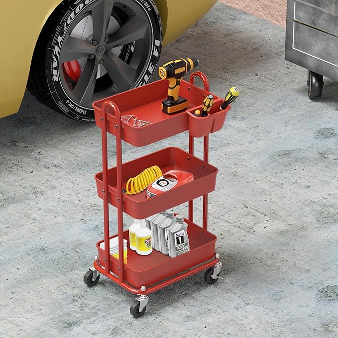 Simple Houseware 3-Tier Multifunctional Rolling Utility Cart with Hanging Bucket, Red