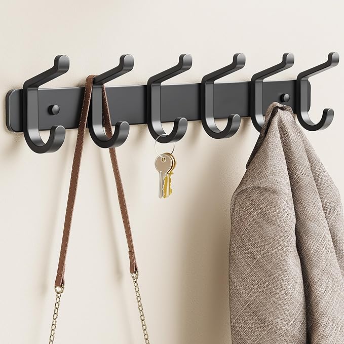 Coat Rack Wall Mounted Heavy-Duty: Metal Coat Hanger 6 Hooks for Hanging Hat, Clothes, Robe, Keys, Backpack, Bathroom Towels, Jacket, Purse - Closet, Door, Entryway, Mudroom (Black, 2 Pack)