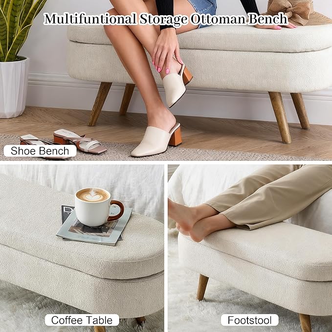 Storage Bench, 43" Storage Ottoman Bench for Bedroom, Upholstered Entryway Benches with Seating, Rubber Wood Legs, Shoe Storages Benches for Bedroom, Living Room, Entryway, Bed Side, Beige