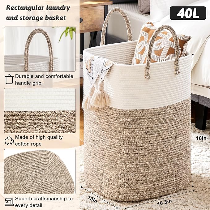 Laundry Basket,Woven Cotton Rope Laundry Hamper,Versatile Storage for Dirty Clothes,Baby Toys,and Blankets in Bathroom, Nursery,and Living Room (Brown, 40L)