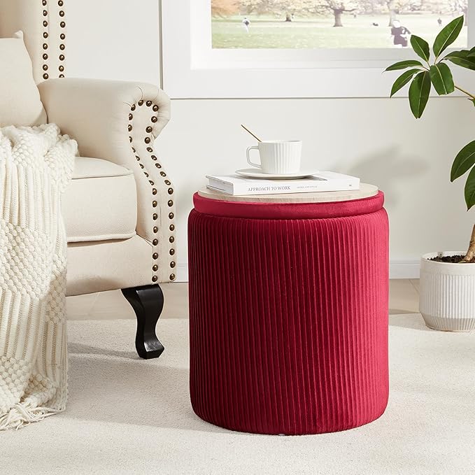 Royal Windsor Round Ottoman with Storage Set of 2,Vanity Stool with Storage for Bedroom, Ottoman Coffee Table,Small Velvet Foot Stool for Living Room, Burgundy