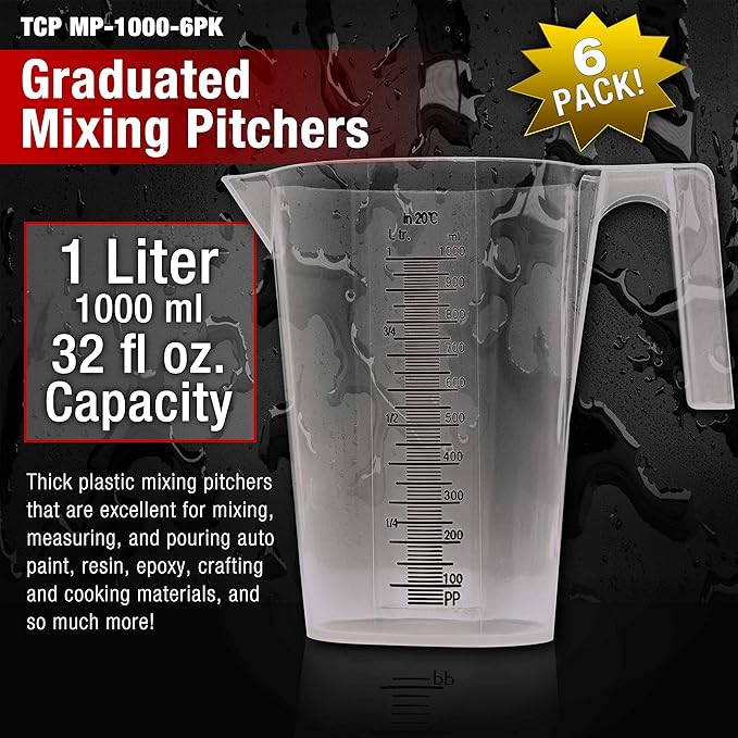 TCP Global 1 Liter (1000ml) Plastic Graduated Measuring and Mixing Pitcher (Pack of 6) - Holds Over 1 Quart (32oz) - Pouring Cups, Measure & Mix Paint, Resin, Epoxy, Kitchen Cooking Baking Ingredients