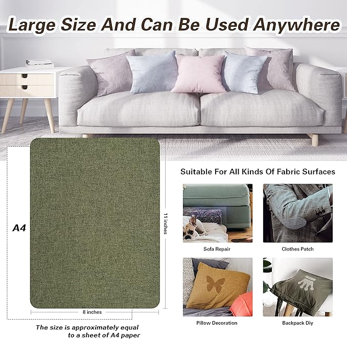 KING MOUNTAIN Fine Linen Repair Patches, Self-Adhesive Linen Fabric Patches, 8X11 inch Extra Size, Multi Color, Can be Used for Linen Sofa Repair and Linen Clothes Repair(Grass Green,8" x 11")