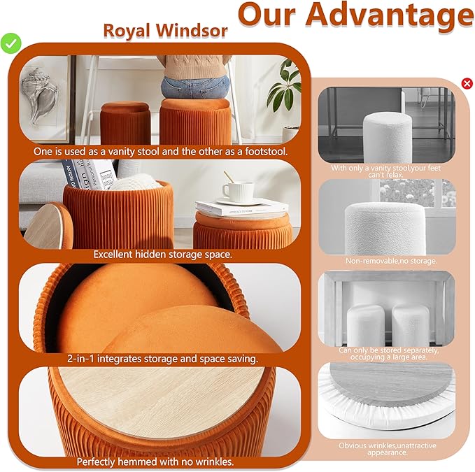 Round Ottoman with Storage Set of 2,Vanity Stool with Storage for Bedroom, Ottoman Coffee Table,Small Velvet Foot Stool for Living Room, Orange
