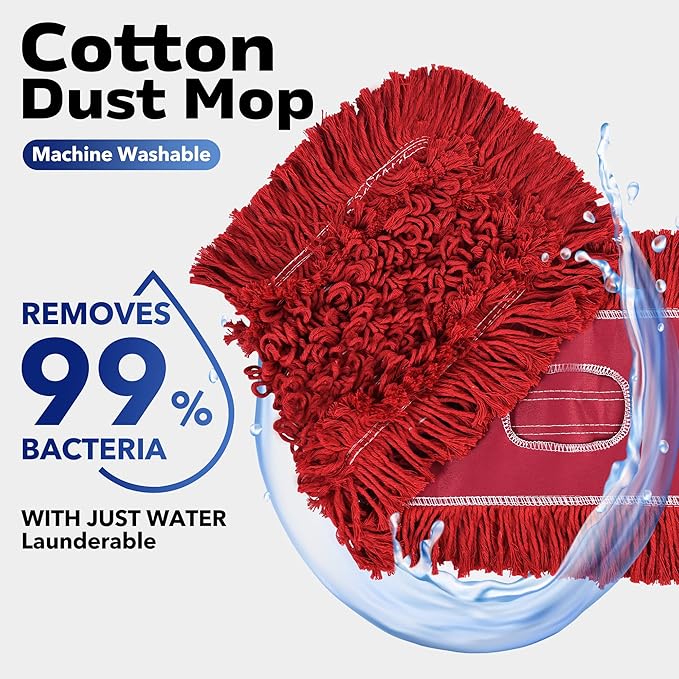 Matthew Cleaning 36'' Industrial Strength Cotton Dust Mop Refill Washable Replacement Heads for Residential & Commercial Use Fit Standard Dust Mop Frames, Hardwood, Concrete Floors Red 12 Pack