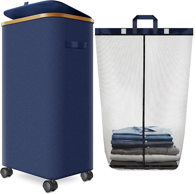 Laundry Hamper with Wheels,29 Gal (110L) Laundry Basket with lid Rolling Clothes Hamper Foldable Dirty Clothes Basket on wheels with Bamboo Frame and Bag for Bedroom, Dorm, Laundry Room-Blue
