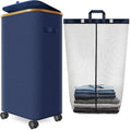 Laundry Hamper with Wheels,29 Gal (110L) Laundry Basket with lid Rolling Clothes Hamper Foldable Dirty Clothes Basket on wheels with Bamboo Frame and Bag for Bedroom, Dorm, Laundry Room-Blue
