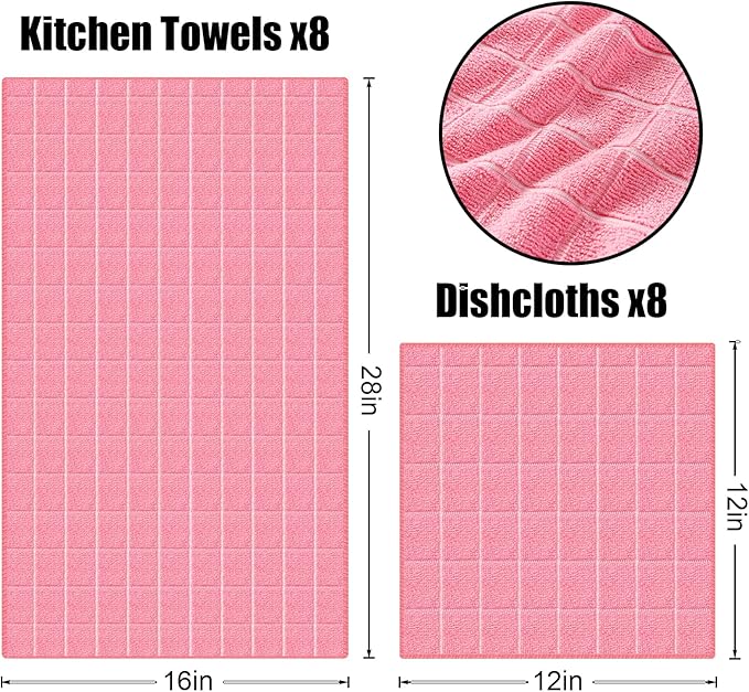 Homaxy Microfiber Kitchen Towels and Dishcloths Set, 12 Pack Soft and Absorbent Dish Hand Towels Bulk, 28 x 16 Inch & 12 x 12 Inch Quick Drying Rags for Washing Dishes, Pink