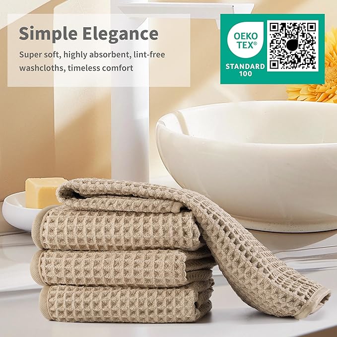 Microfiber Waffle Face Towels, 2 Pieces, Soft, Absorbent, Fast Drying, Lint Free (Beige)