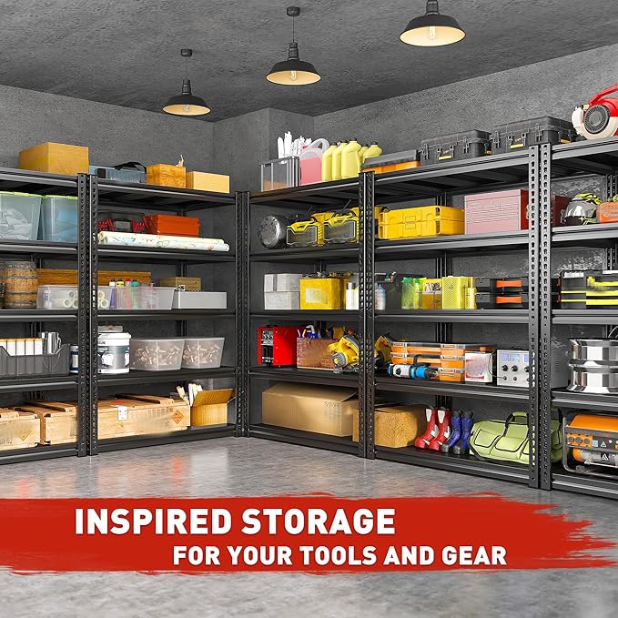 REIBII 72" H Garage Shelving Load 2500 LBS, Heavy Duty Storage Shelves, 5-Tier Adjustable Garage Shelves for Warehouse, Basement, 72" H x36 W x18 D, Black, 2 Pack