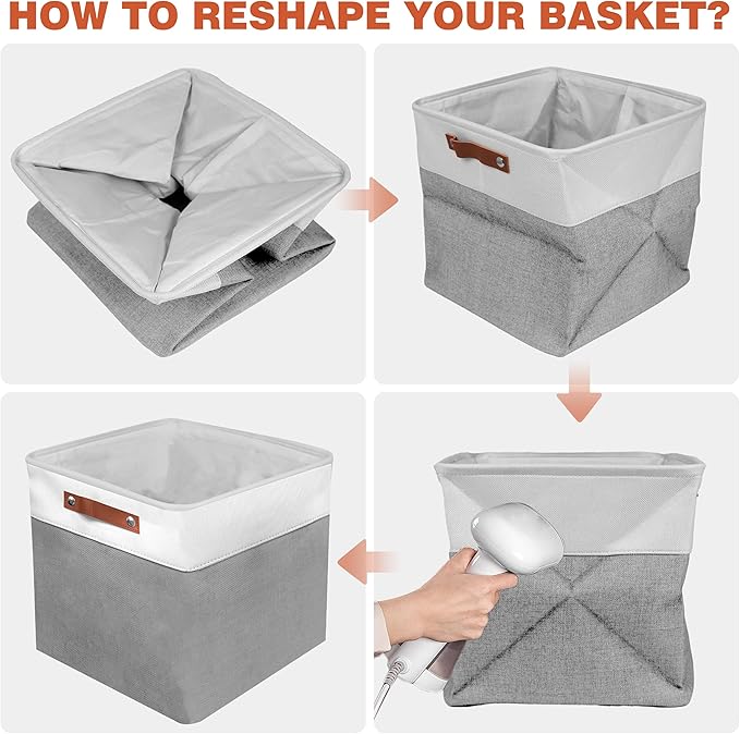 13in Open Fabric Storage Basket with Leather Handles for Organizing, Collapsible Linen Closet Bins for Shelves, Closets, Laundry, Decorative Basket for Gifts. (White＆Gray, 3PCS/13x13in)
