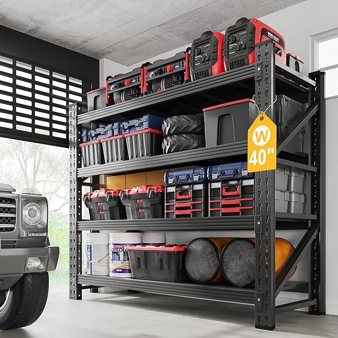 3000LBS Metal Steel Storage Shelves - 40" W Black 4 Tier Heavy Duty Rack Commercial Industrial Shelving with Adjustable Shelf for Basement Garage Warehouse - 40" W x 19.5" D x 59.5" H