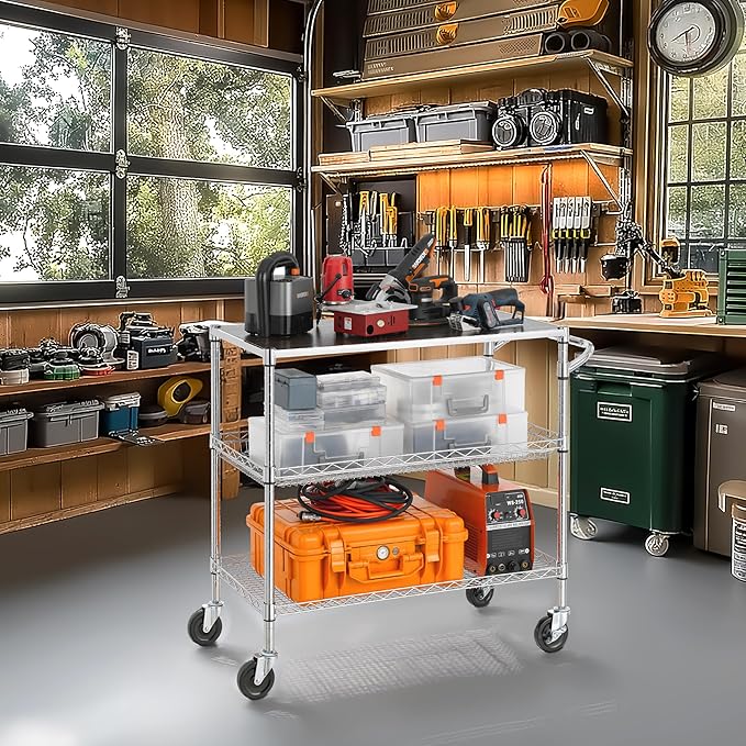 Finnhomy 3 Tier Heavy Duty Commercial Grade Utility Cart with Wood Top, Wire Rolling Cart with Wheels and Handle Bar, Kitchen Carts on Wheels, 18x36x35.4 H Metal Cart with 600 LBS Capacity, Chrome