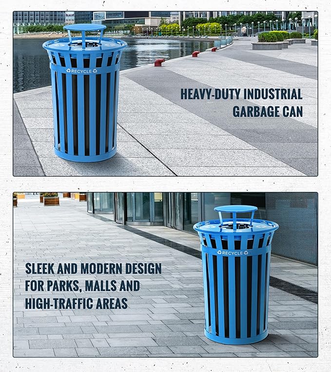 Alpine Outdoor Metal Waste Receptacle Rain Bonnet Lid - Heavy Duty Commercial Trash Can Receptacle Cover - Perfect Companion for 38-Gallon Garbage Can (Blue)