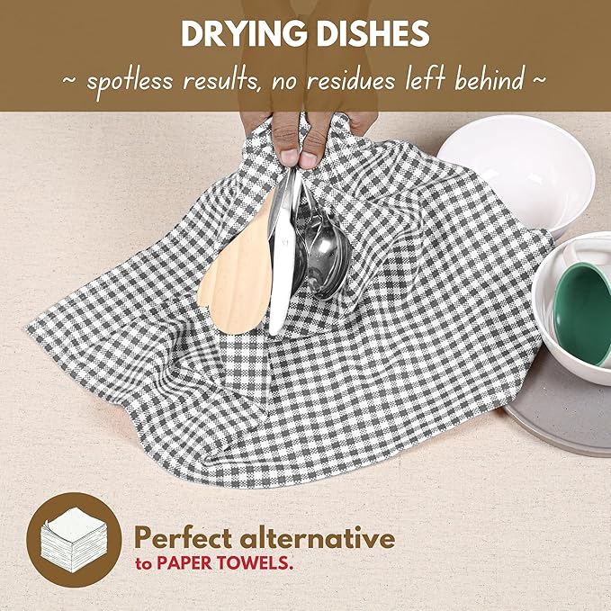 Native Fab Gingham Kitchen Towels 6 Pack, 100% Cotton 16x26 Inch, Absorbent & Washable Tea Towels, Soft Dish Cloths with Hanging Loop for Drying & Cleaning, Grey White