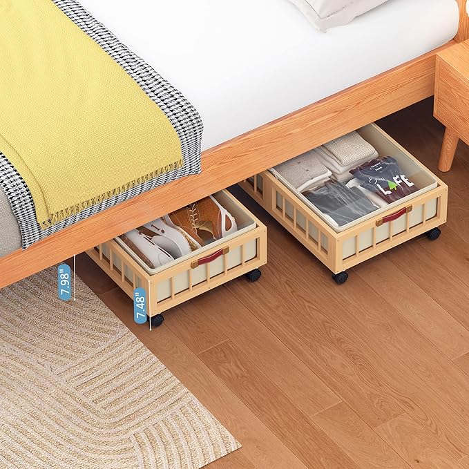 efluky 2-Pack Bamboo Under Bed Storage Containers with Wheels, Under Bed Clothes Storage Basket with Large Dust Bag, Rolling UnderBed Storage for Bedroom, Dorm and Basement, Nature