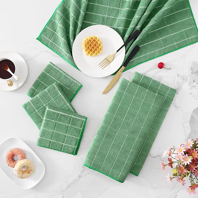 Homaxy Microfiber Kitchen Towels and Dishcloths Set, 16 Pack Soft and Absorbent Dish Hand Towels Bulk, 28 x 16 Inch & 12 x 12 Inch Quick Drying Rags for Washing Dishes, Grass Green
