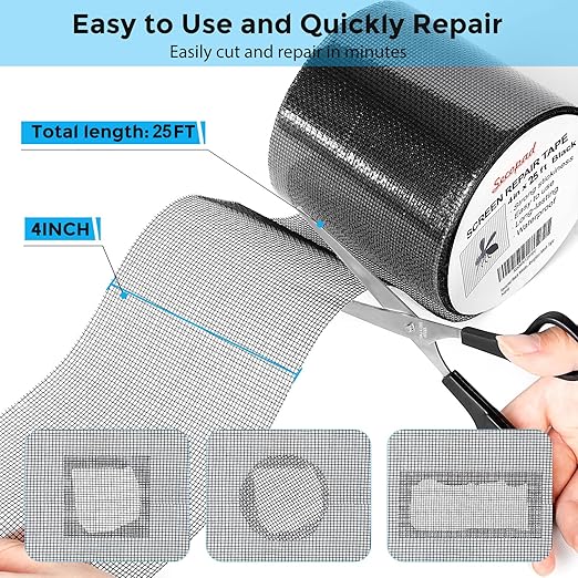 Black Window Screen Repair Tape, 4IN X 25FT (300IN) Screen Repair Kit for Windows or Doors, Strong Adhesive Patch Kit Fiberglass Mesh Tape