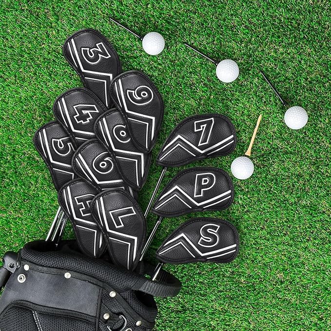 Welspo Magnetic Leather Golf Iron Head Covers 11 Pack Synthetic Leather Club Headcover, Embroidered Club Label on Both Sides of Golf Club Covers for Irons and Wedge, Universal Fit Main Iron Clubs