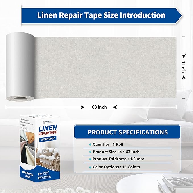 KING MOUNTAIN Linen Repair Patches, Self-Adhesive Fabric Patches, 4 X 63 inch Extra Size, Multi Color, Can be Used for Sofa Repair and Linen Clothes Repair (Beige)