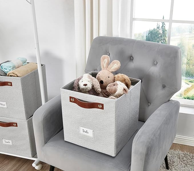 DECOMOMO Storage Bins, Cube Storage Bin with Labels, Fabric Storage Cubes for Shelves (11" / 6pcs, Light Texture Grey)