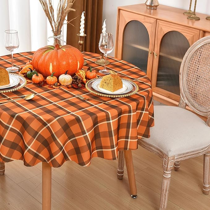 Waterproof Plaid Tablecloth Fabric - Round 58 Inch Classic Gingham Checker Table Cloth for Indoor/Outdoor Use - Buffalo Table Cover for Picnics, BBQs, and Parties