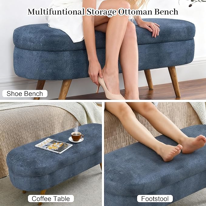 Storage Bench, 43" Storage Ottoman Bench, Shoe Storages Benches for Bedroom, Upholstered Entryway Benches with Seating, Rubber Wood Legs for Bedroom, Living Room, Entryway, Bed Side, Dark Blue