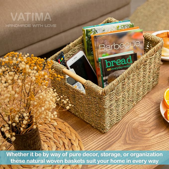 Large Wicker Basket Rectangular with Wooden Handles for Shelves, Seagrass Basket Storage, Natural Baskets for Organizing, Wicker Baskets for Storage - 3 Pack Large